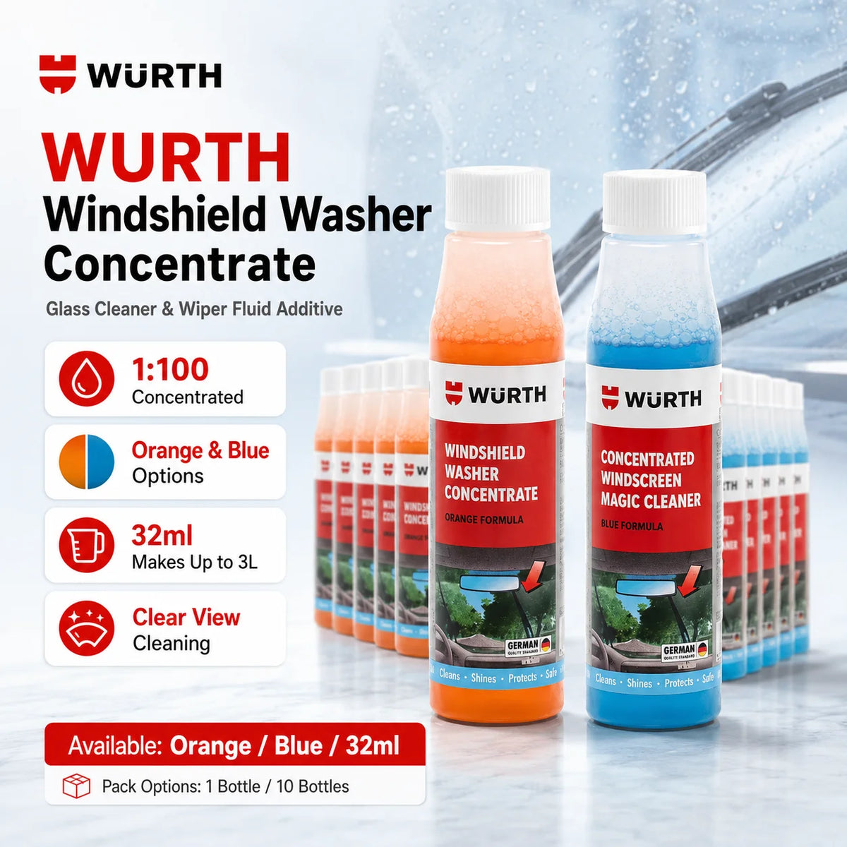 WURTH Detergente Concentrato per Parabrezza 1:100 Miscelazione Rapida Senza Aloni per Vetri Auto 32ml Arancione Blu