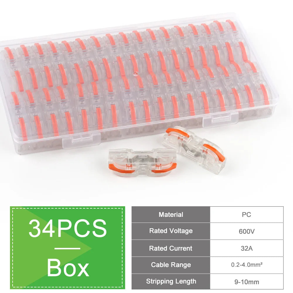 34PCS Leva in scatola Connettori rapidi per cavi domestici Terminali Conduttore Giuntabile Blocco di cablaggio di testa Connettori elettrici riutilizzabili