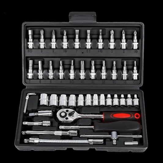 1 Set di 46 Pezzi per Riparazione Auto, Cassetta degli Attrezzi con Chiave a Cricchetto, Kit di Riparazione con Bussole per Manutenzione Auto, Kit di Ferramenta, Kit Multifunzionale per Riparazione Auto