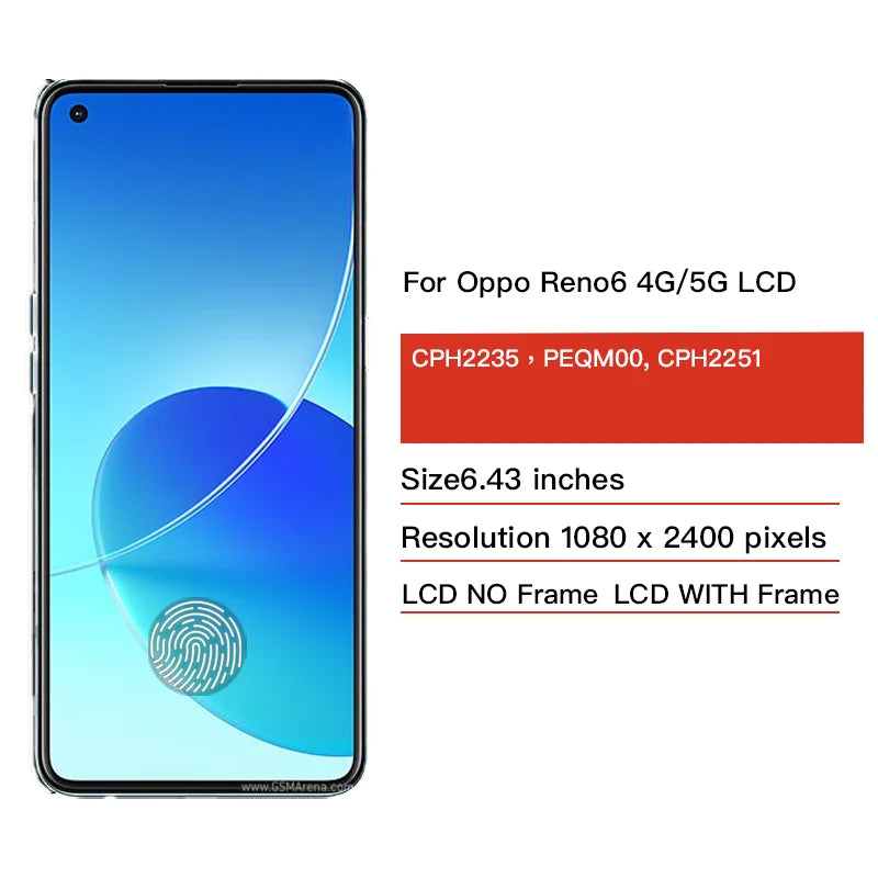 Display AMOLED da 6,43 pollici per OPPO Reno6 4G LCD CPH2235, pannello touch screen digitalizzatore per Oppo Reno 6 5G PEQM00, LCD CPH2251