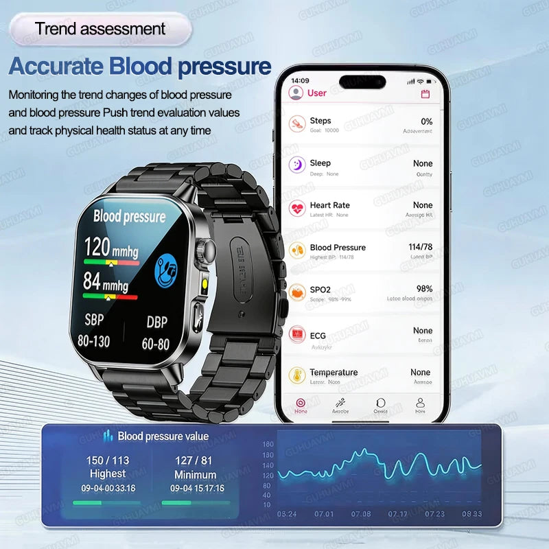 Nuovo Smartwatch per Uomo con Diagnosi ECG Accurata, Misurazione di Pressione Sanguigna, Ossigeno nel Sangue, Grasso nel Sangue, Acido Urico, Temperatura, Chiamate Bluetooth