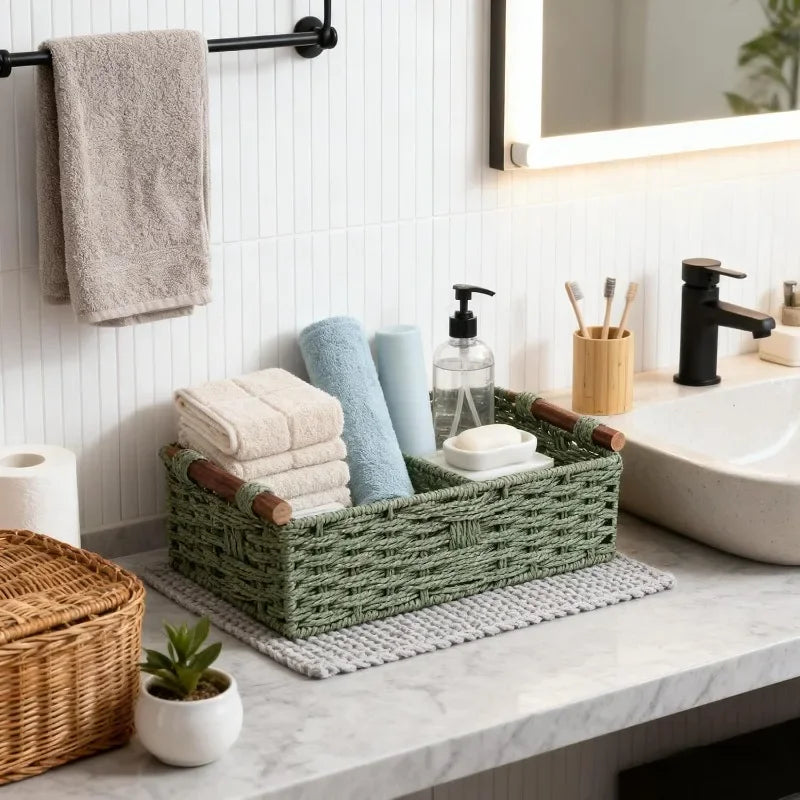 Cesto portaoggetti in legno massello con manico in corda di carta intrecciata in stile forestale, organizer per la cura del bagno e del lavabo, cesti da ripiano