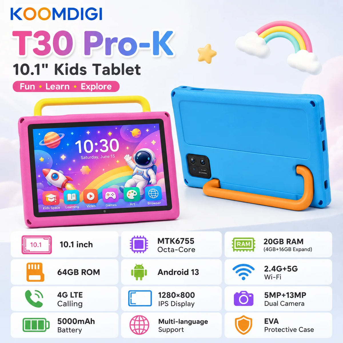 Koomdigi T30 Pro-K Tablet Android 13 da 10,1", 20GB di RAM (4GB+16GB estesi), 64GB di ROM, Chiamate 4G LTE, Wi-Fi Dual-Band, Display IPS 1280×800, Processore Octa-Core MTK, Batteria da 5000mAh, Doppia Fotocamera, Custodia in
