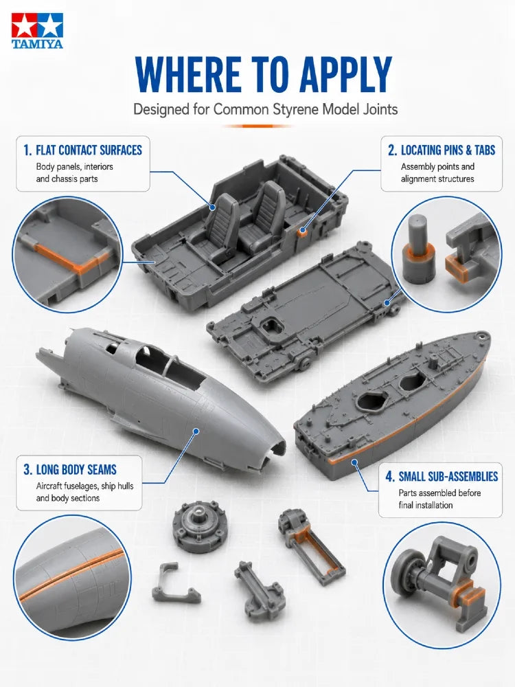 Adesivo in plastica TAMIYA 87012 per modellismo in stirolo, colla di precisione per assemblaggio kit, 20ml