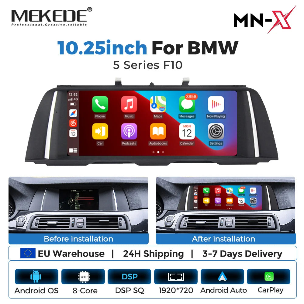 Autoradio Android 2026 con CarPlay Wireless, Android Auto, Mirroring, Navigazione GPS per BMW Serie 5 F10 F11 2011-2017, Schermo Touch da 10,25 pollici, ROM da 128GB, Lettore Video 4K, Schermo con Display per Telecamera Poste