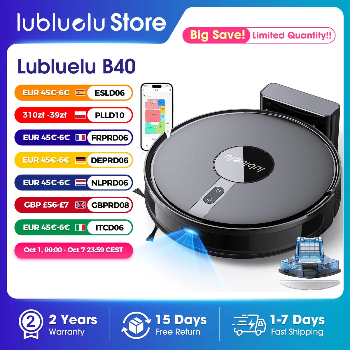 Lubluelu B40 Robot Aspirapolvere e Lavapavimenti, Aspirazione Potente 5800Pa, 180 Minuti di Autonomia, Controllo APP, Mappatura Intelligente, 34 Zone Proibite