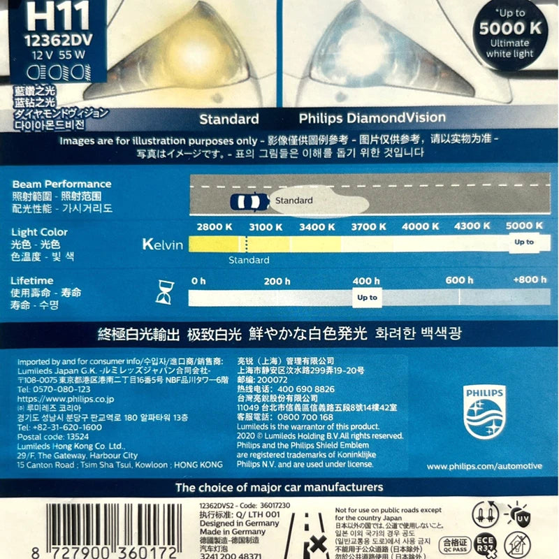 Philips H11 12V 55W Diamond Vision 5000K Lampadine alogene a luce super bianca Fari fendinebbia automatici 12362DVS2