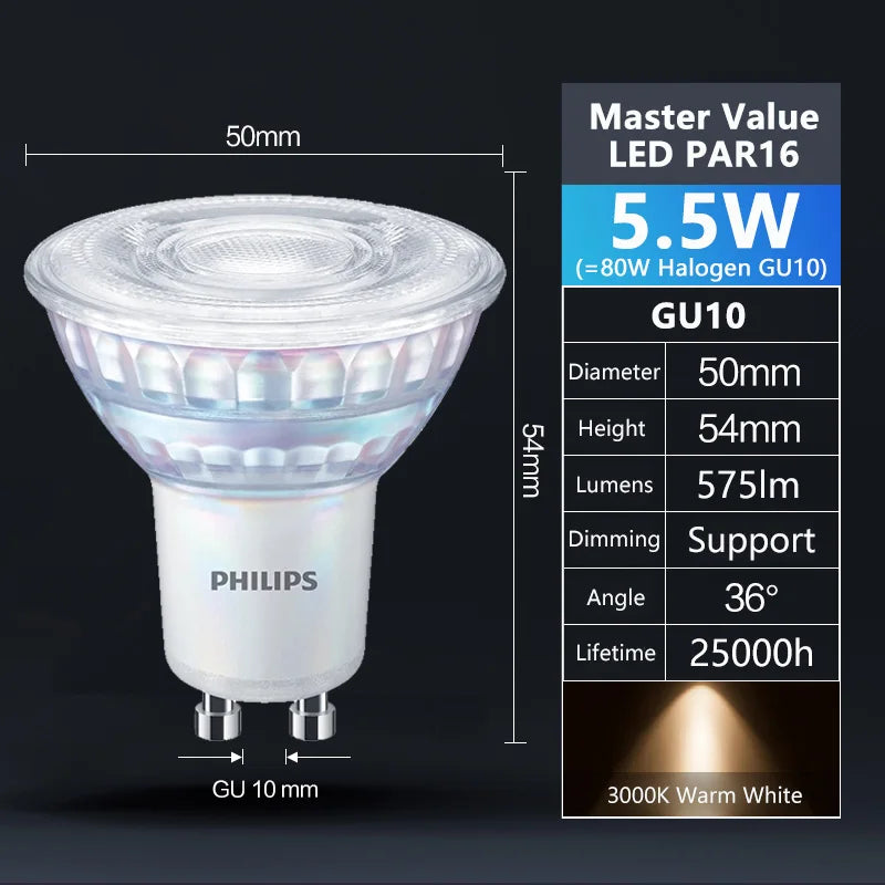 Philips LED GU10 PAR16 MASTER Value 5.5W (=80W Alogeno) 220-240V 36 ° Faretto Orientabile Dimmerabile LED Bianco 2700K 3000K 6500K