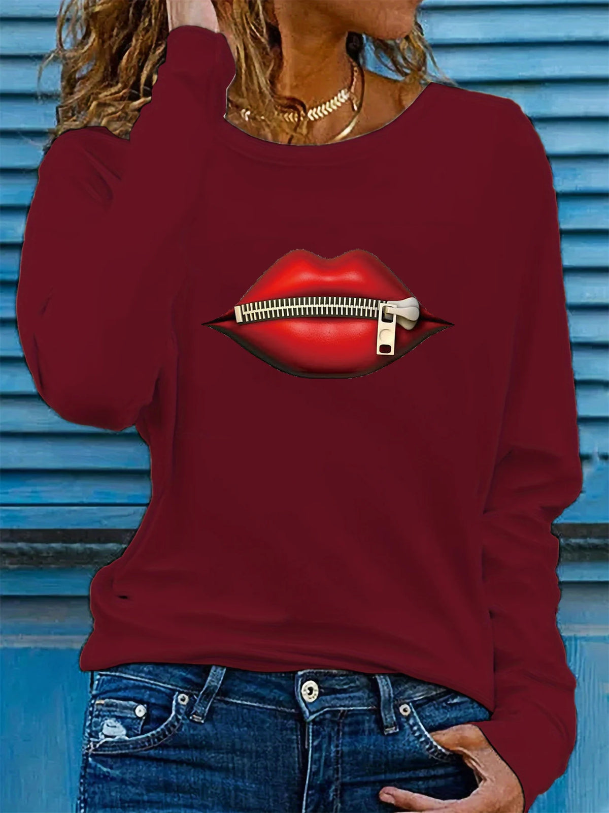 T-shirt da donna in 100% puro cotone, ideale per la primavera e l'autunno, dal taglio ampio e casual, con stampa a forma di labbra, cerniera, stampa grafica e maniche lunghe, scollo rotondo.