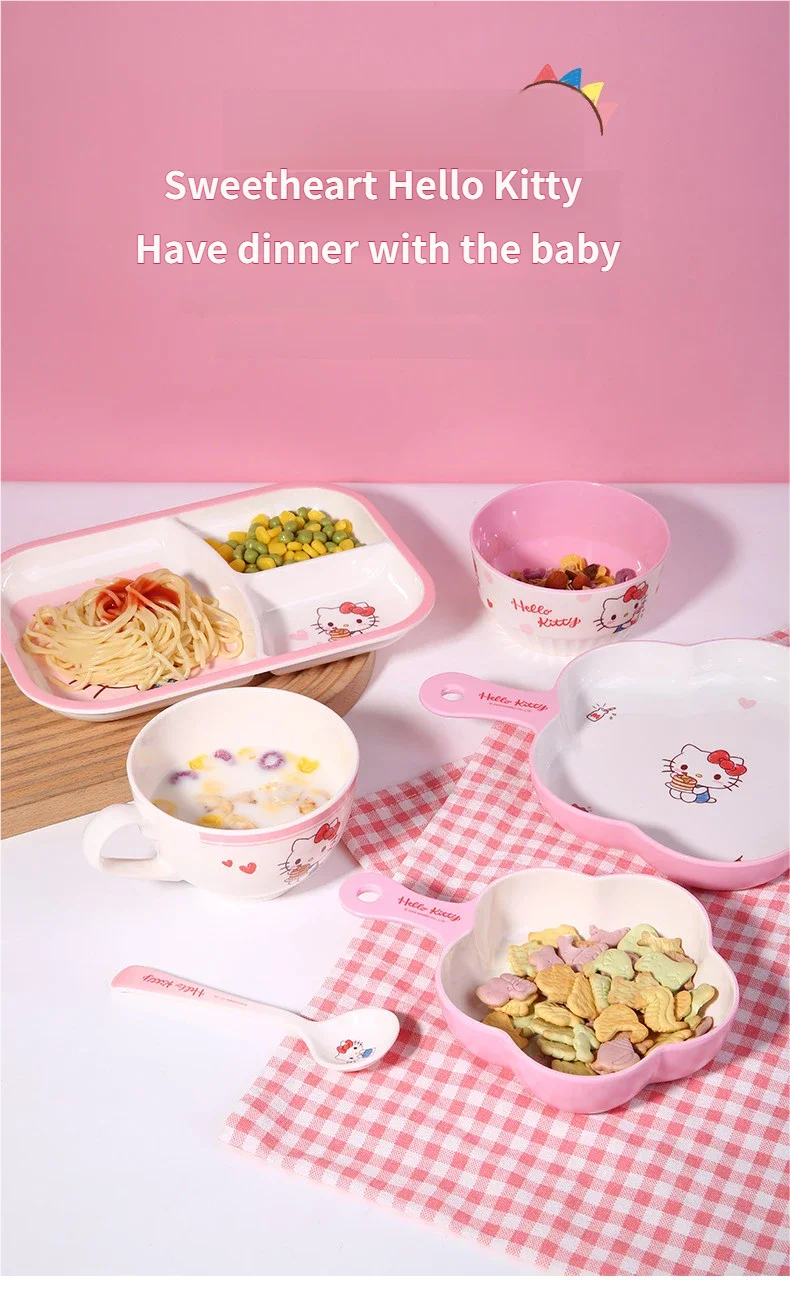 WUHE Set di Stoviglie per Bambini Hello Kitty, Ciotole e Piatti in Melamina, Design Cartoon per Ragazze, Senza BPA, Infrangibile, Lavabile in Lavastoviglie