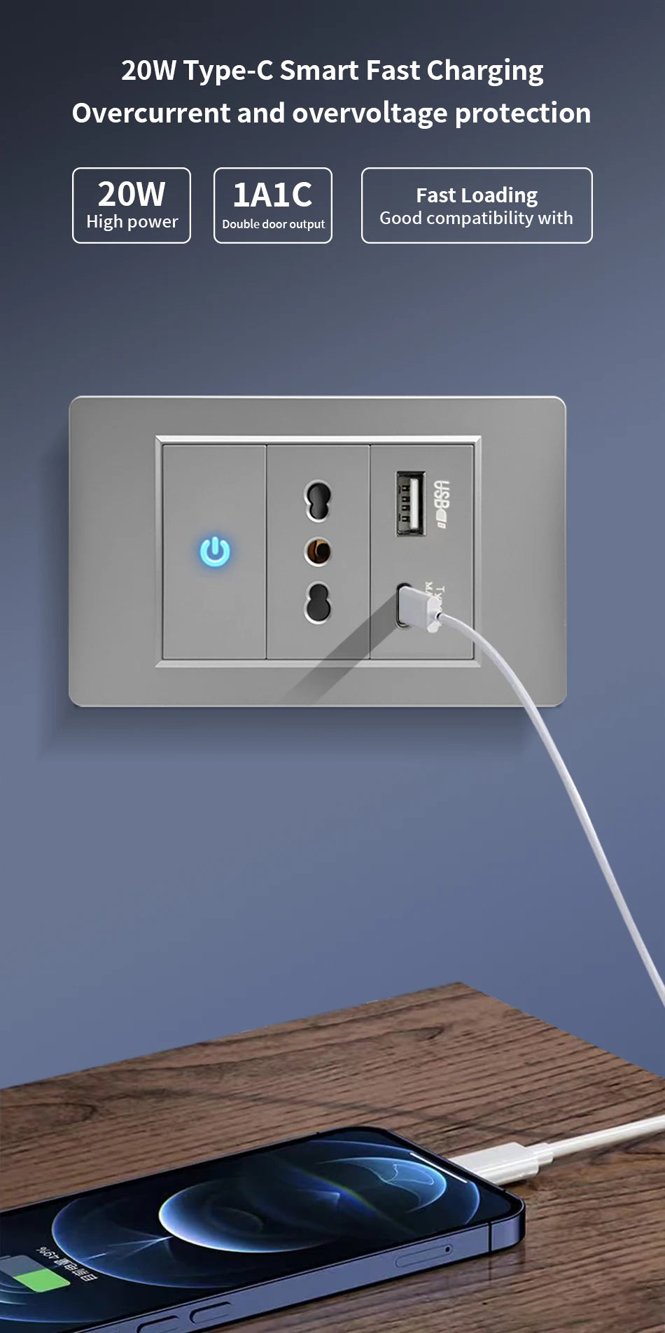 DELEFU Presa a Muro in Vetro Temperato Bianco Italia USB Tipo C Ricarica Rapida Interruttore Schuko TV Satellitare Citofono Cile