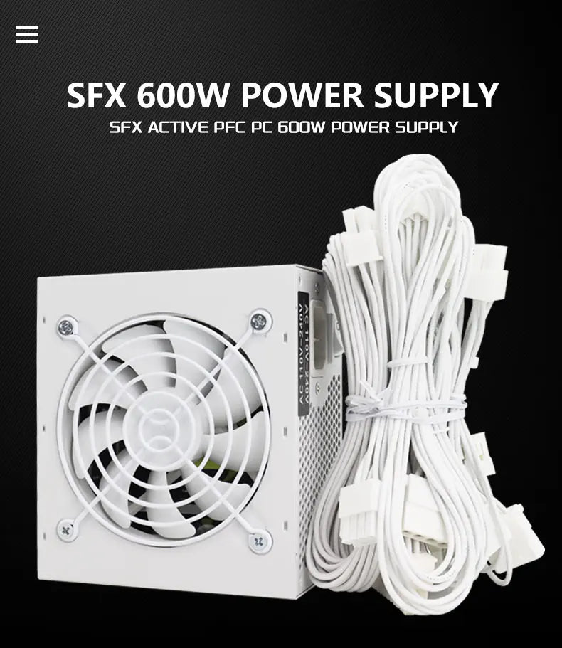 Alimentatore SFX completamente modulare da 600W, design compatto per case Mini-ITX SFF, ventola silenziosa da 90mm, tensione ampia 90-265V, per sistemi PC gaming compatti.
