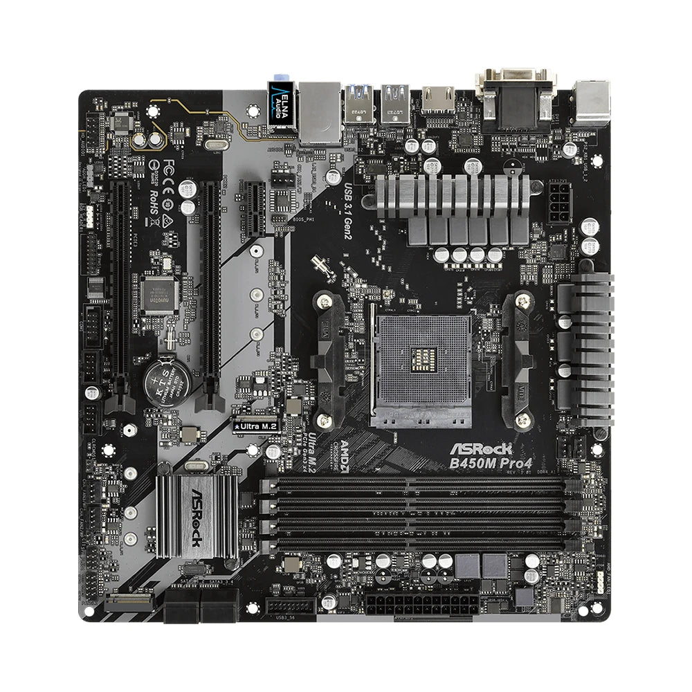 Scheda madre ASRock B450M PRO4, compatibile con CPU 5950X, 5800X3D, 5700X3D, 5600X, 5600G, 1700X, 2700X, socket AM4 AMD, 4 slot DDR4, 3200 MHz, formato MATX.