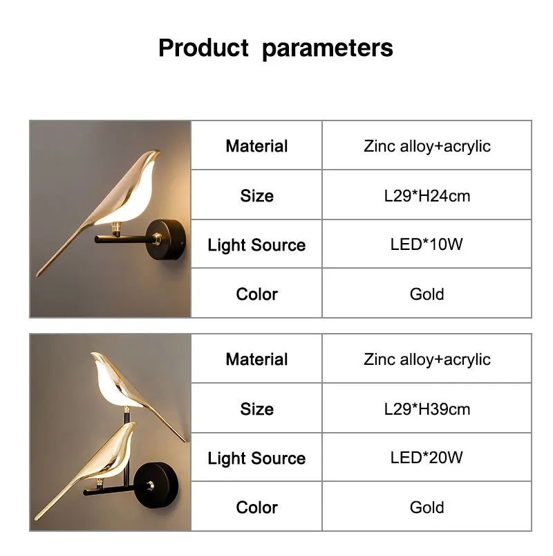 Lampade da Parete LED Girevoli a Forma di Uccello Magpie con Spina EU/US per Comodino, Camera da Letto, Lampade da Parete Nordiche, Applique per Cucina e Sala da Pranzo