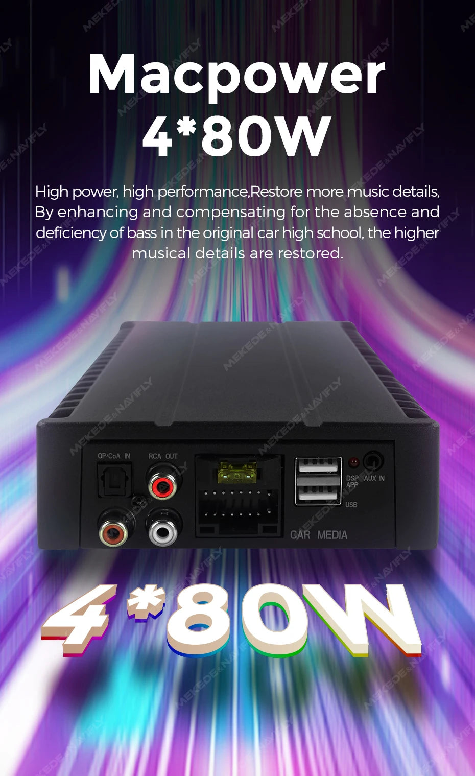 Amplificatore DSP per auto MEKEDE 4*80 W, compatibile con autoradio Android, regolazione EQ tramite app, plug-and-play, supporto fibra ottica/coassiale/AUX/RCA/USB