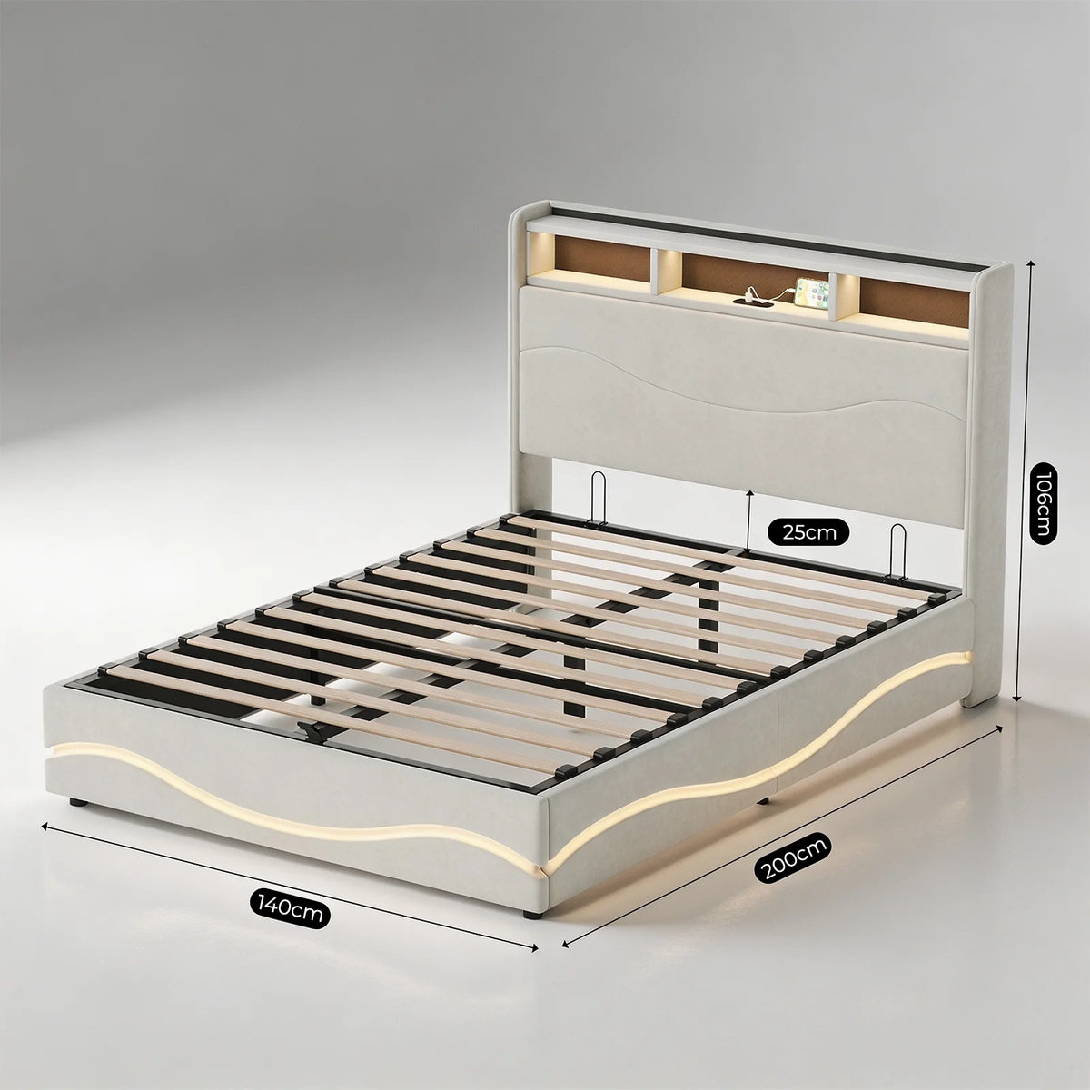 Letto matrimoniale con struttura idraulica, rivestito in velluto color beige, dimensioni 140x200 cm, dotato di base a doghe e testiera con vano contenitore, senza materasso incluso, ideale per la camera da letto.