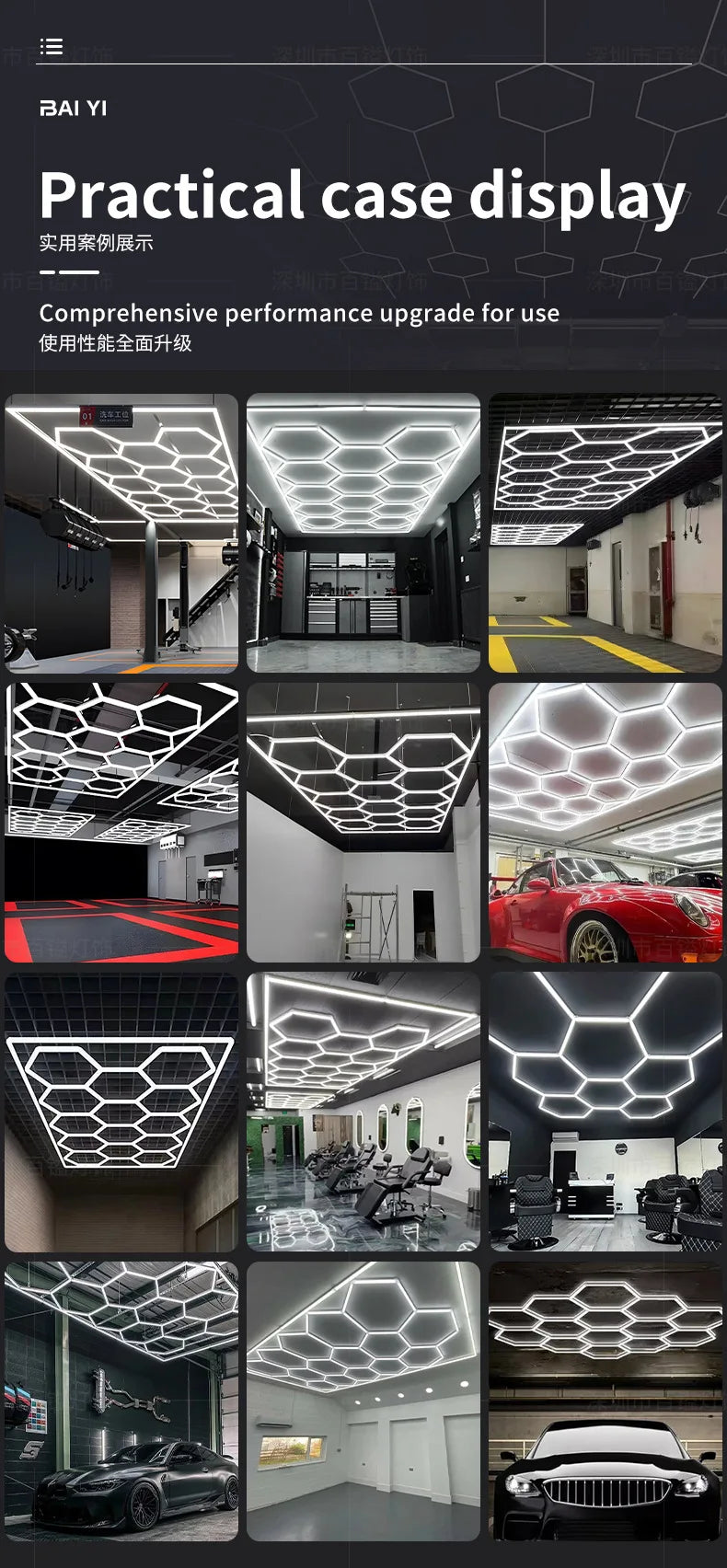 14 griglie con telaio luci da garage esagonali 6500K 672W a nido d'ape led per officina barbiere palestra soffitto negozio seminterrato