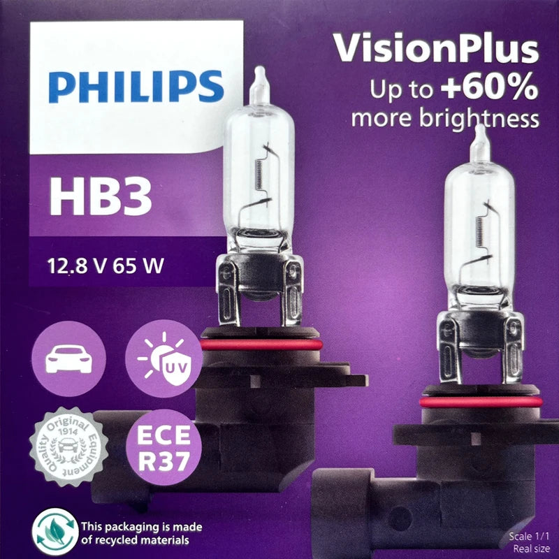 Philips HB3 9005 12V 65W P20d VisionPlus 3250K Luce intensa Fino al 60% Visione Alogena Lampade per auto originali Faro 9005VPS2