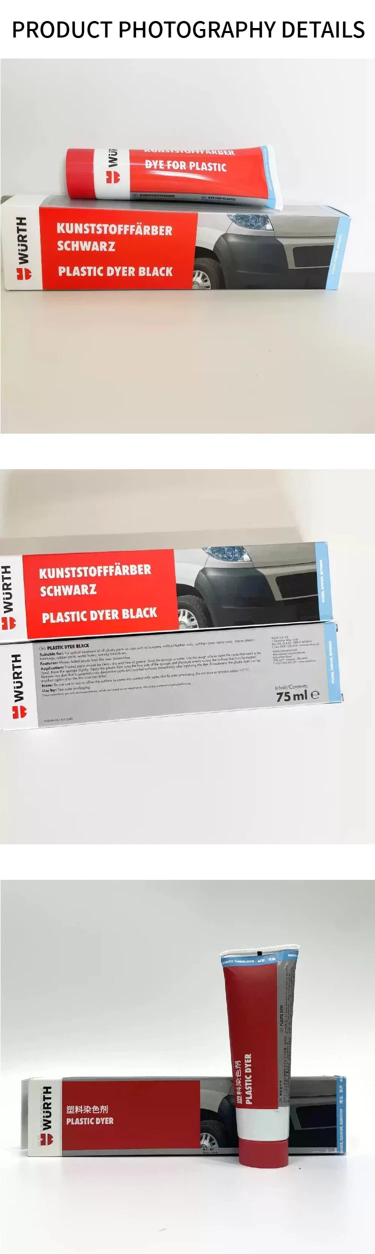 Rinnovatore per plastica nera Wurth Plast-PT, ripristinatore per finiture auto, vernice per paraurti e finiture esterne, detailing auto 75ml