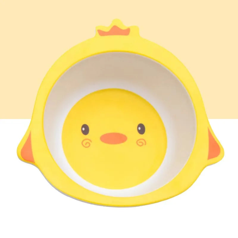 Set di stoviglie in fibra di bambù con pollo simpatico cartone animato: piatto, ciotola, forchetta, cucchiaio per uso domestico, pasti per bambini piccoli, svezzamento del bambino, quotidiano