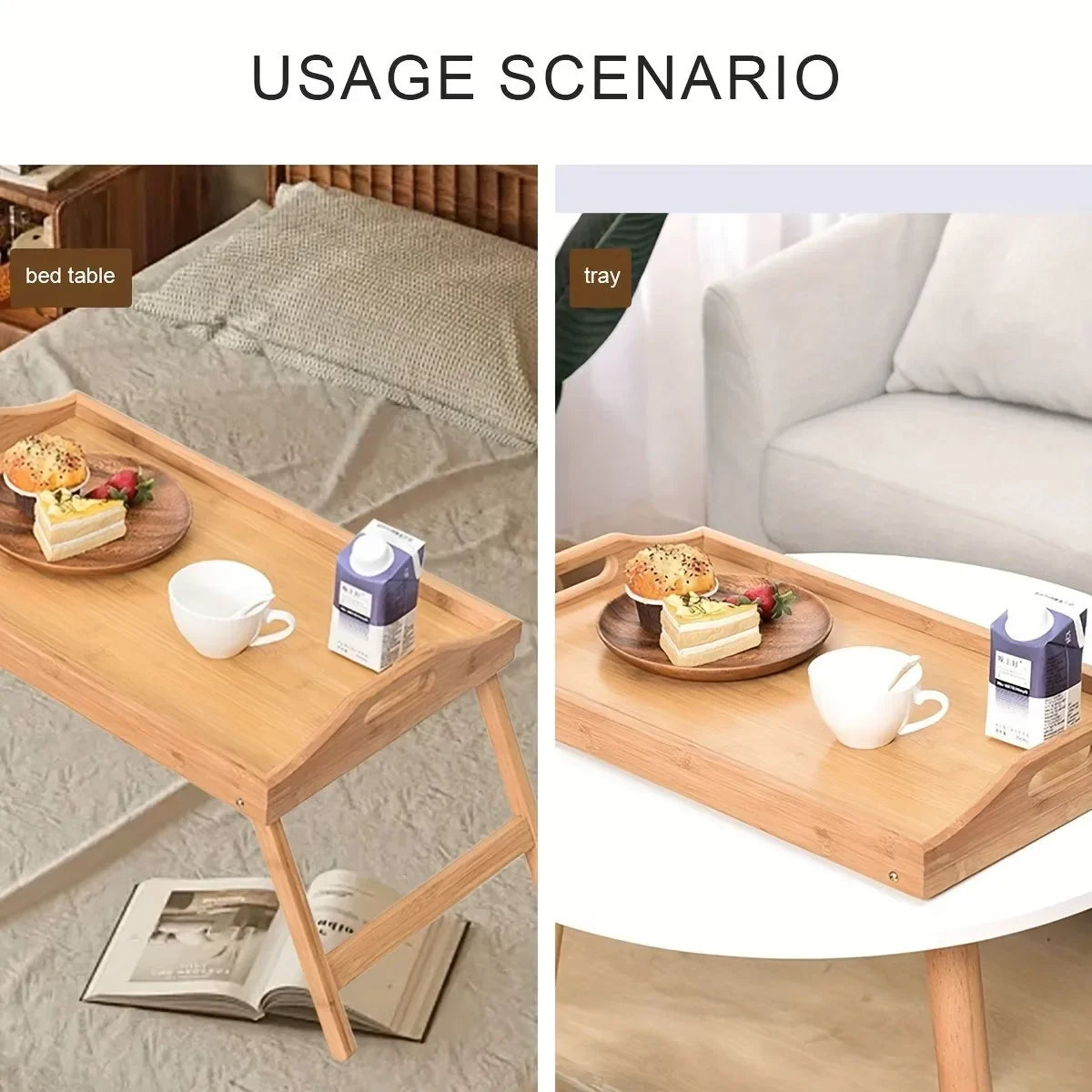 Vassoio Multifunzionale in Legno con Gambe Pieghevoli - Tavolino in Bambù 50x30 cm - Colazione con Maniglie, Gambe Retrattili, Ideale per Letto, Divano e PC, ciotola tibetana, piatti decorativi, fruttiera, organizer, ciotola