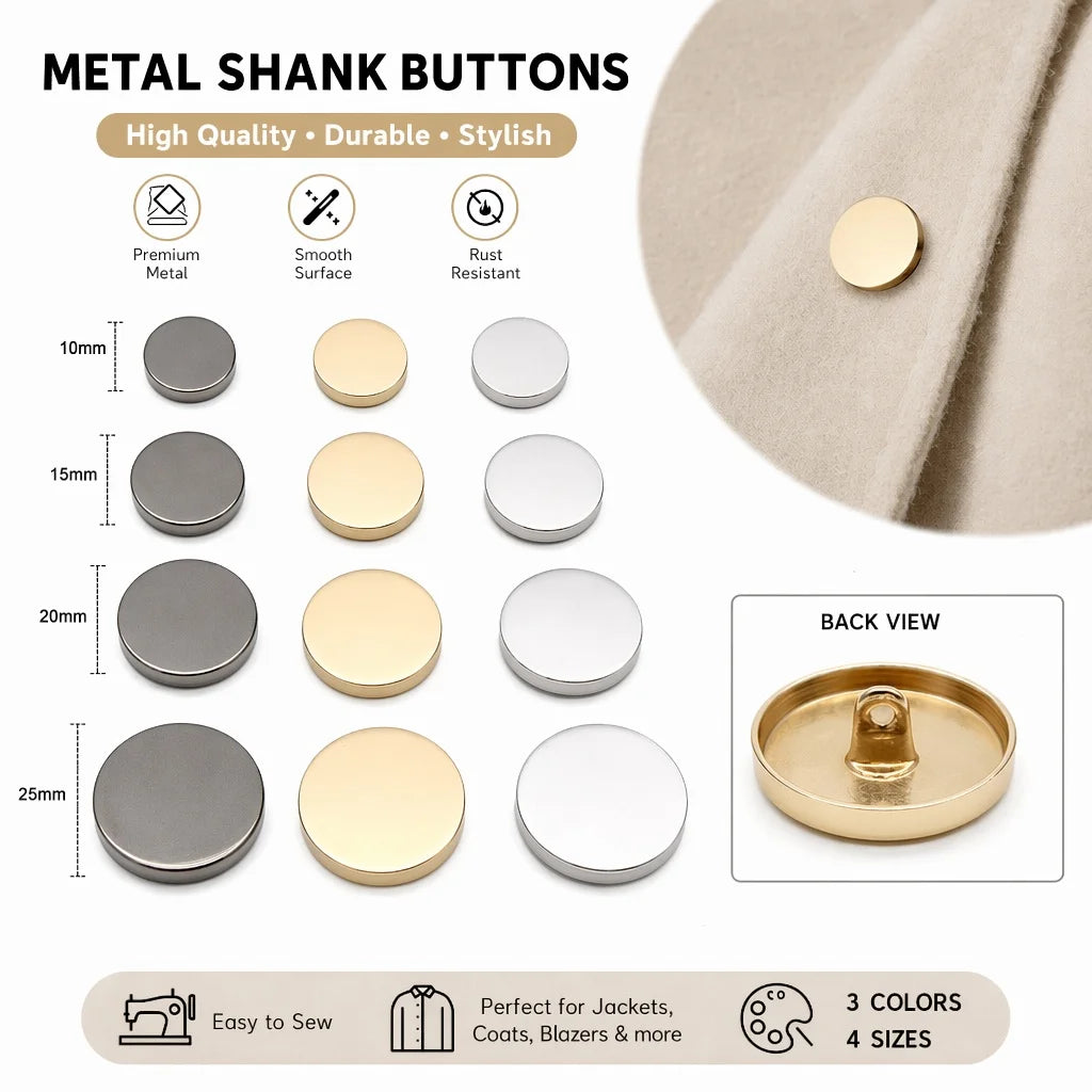 Bottoni in Metallo Piatti e Lisci 10/15/20/25mm, 3 Colori, Resistenti alla Ruggine per Cappotti, Blazer, Camicie e Completi