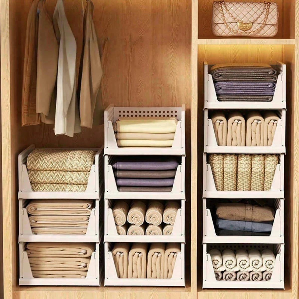 Cestino impilabile in plastica, organizer pieghevole per armadio, scatola portaoggetti, unità per cassetti, scaffale di stoccaggio a ripiani.
