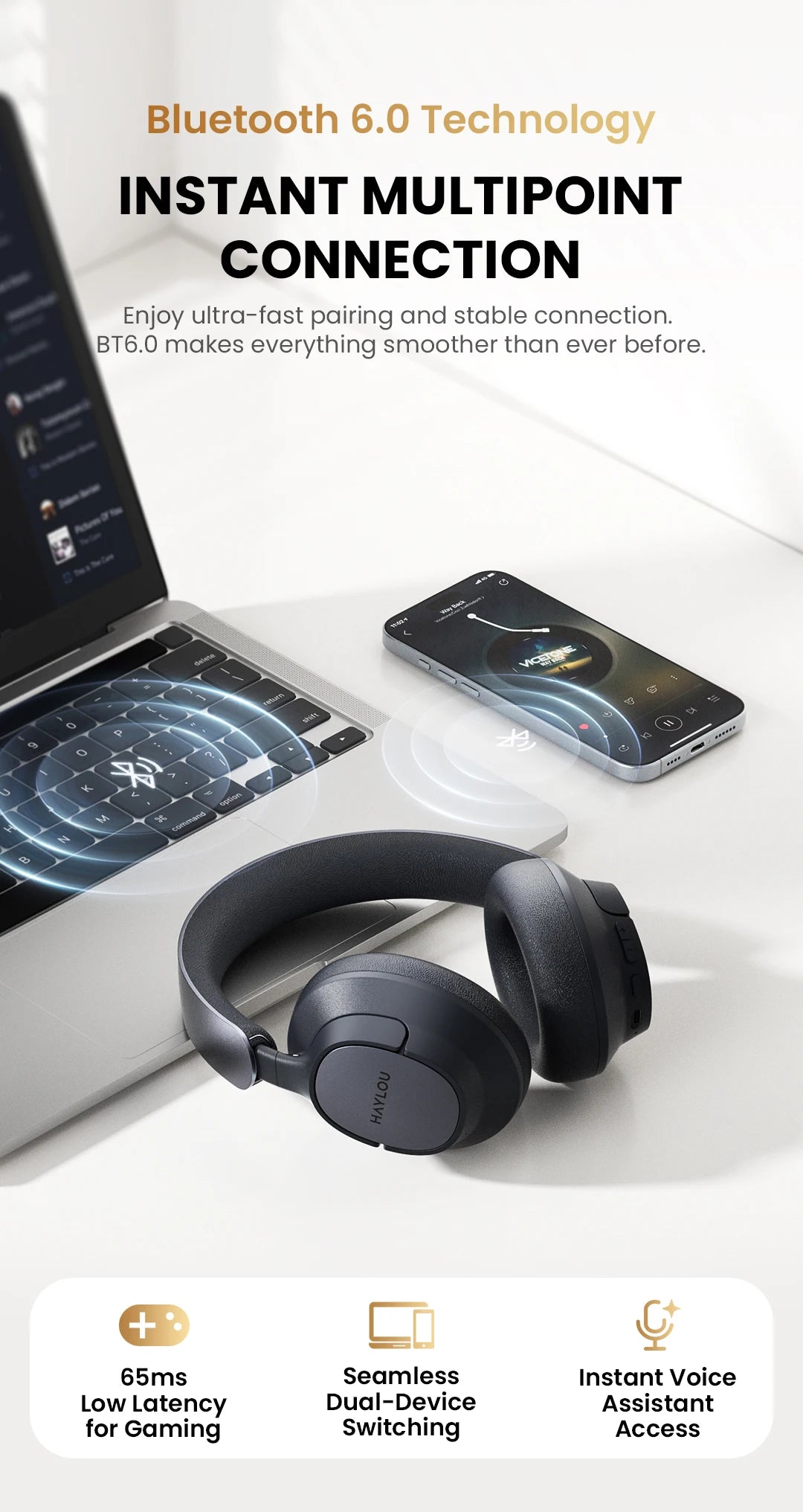 Cuffie Over-Ear HAYLOU FlowLoop S33 con Cancellazione Attiva del Rumore 45dB, Audio Hi-Res LDAC, Auricolari Bluetooth Wireless, 100 Ore di Autonomia