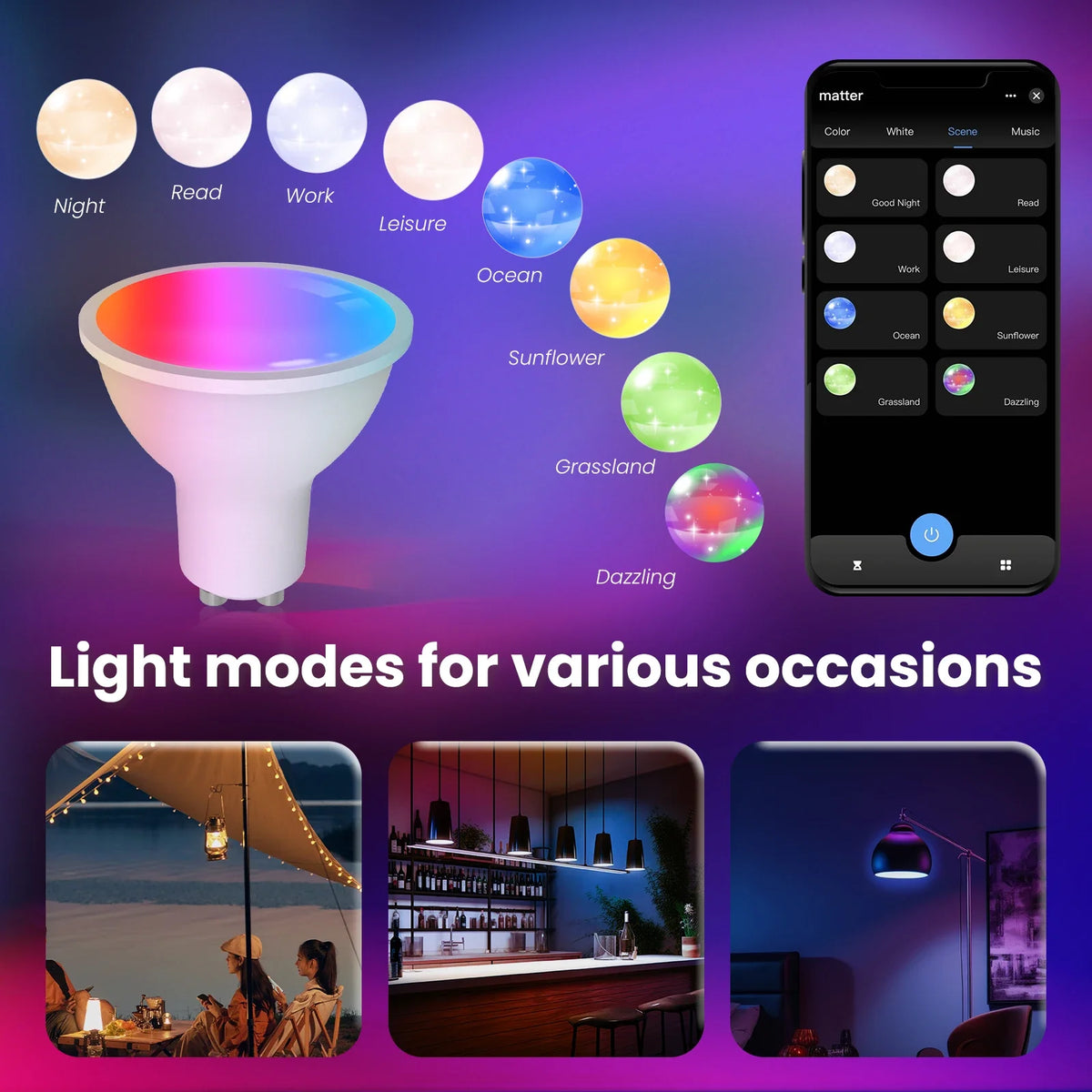 MOES Tuya Matter WiFi GU10 Lampadina intelligente Dimmerabile Luce a Led 16 milioni di colori RGB C + W Lampada a candela Controllo vocale Alexa Google Home