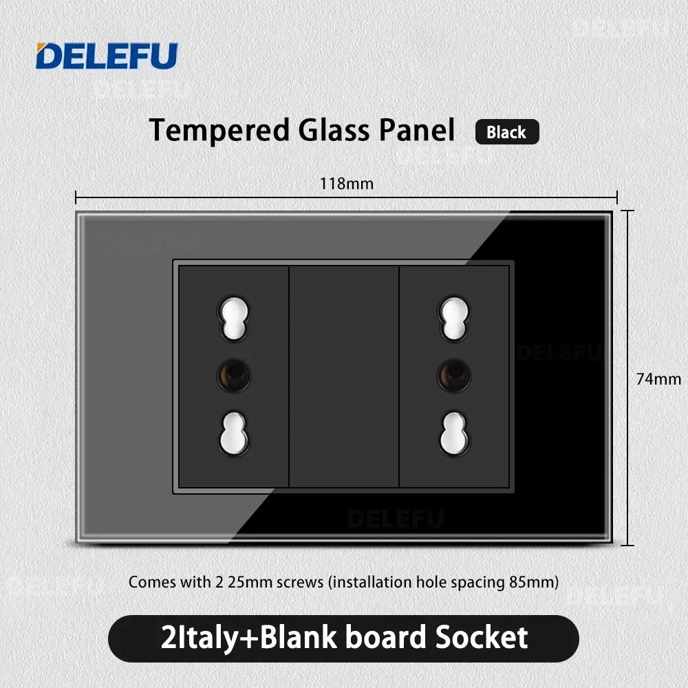 DELEFU Presa a Muro in Vetro Temperato Nero con USB Type-C per Ricarica Rapida, Interruttore Schuko, TV Sat, Telefono, Campanello, Italia/Cile