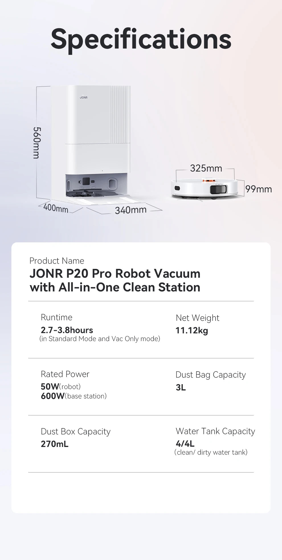 JONR Robot Aspirapolvere P20 Pro Edizione internazionale Lavare Aspirazione Salviette per asciugare Pulizia automatica Raccolta polvere Drenaggio Acqua