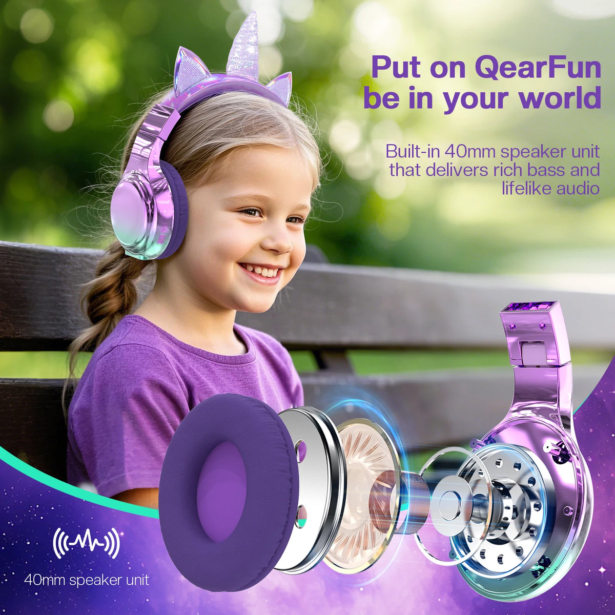 Cuffie wireless Unicorno per bambini Ragazze Auricolari Bluetooth Cuffie pieghevoli con orecchie di gatto per viaggi scolastici Cuffie per bambini