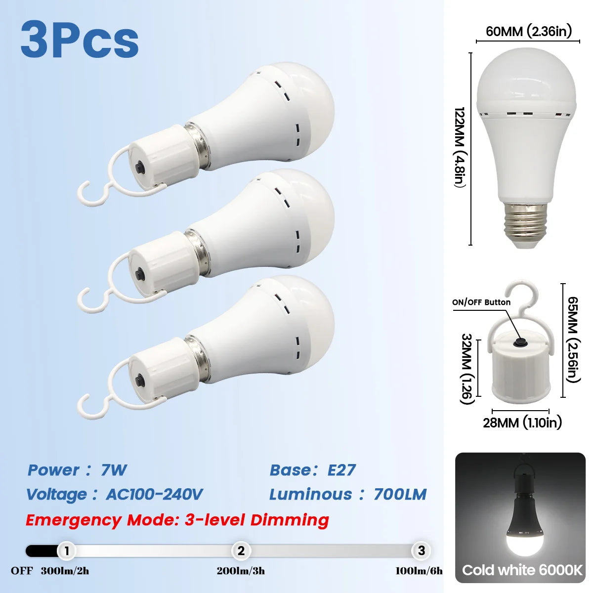 Lampadina LED ricaricabile E27 7W 1500mAh 220V 110V Lampadina di emergenza per alimentazione domestica Lampada da giardino per portico da campeggio in guasto all'aperto