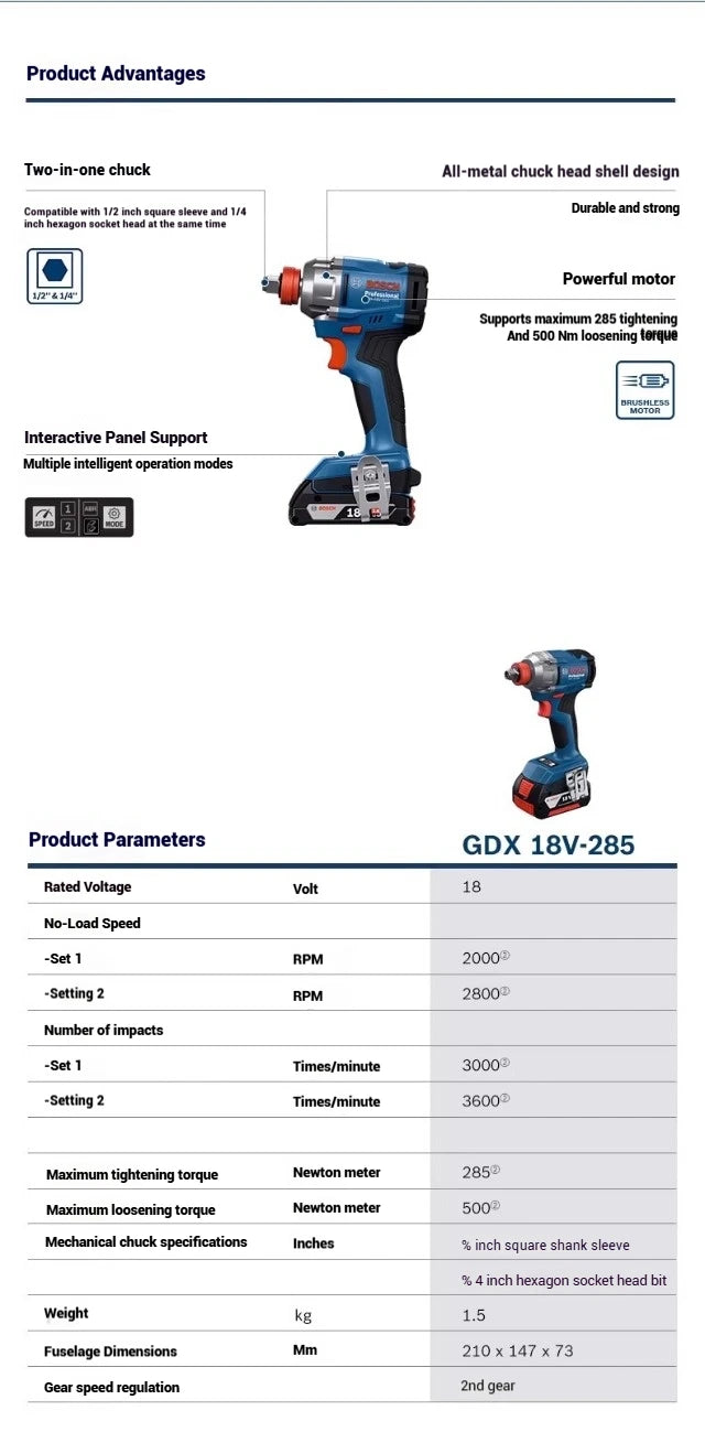 Bosch GDX 18V-285 Avvitatore/Chiave a percussione a batteria Utensili elettrici professionali Bosch AmpShare 18V Strumento di impatto 1/4" Drive esagonale