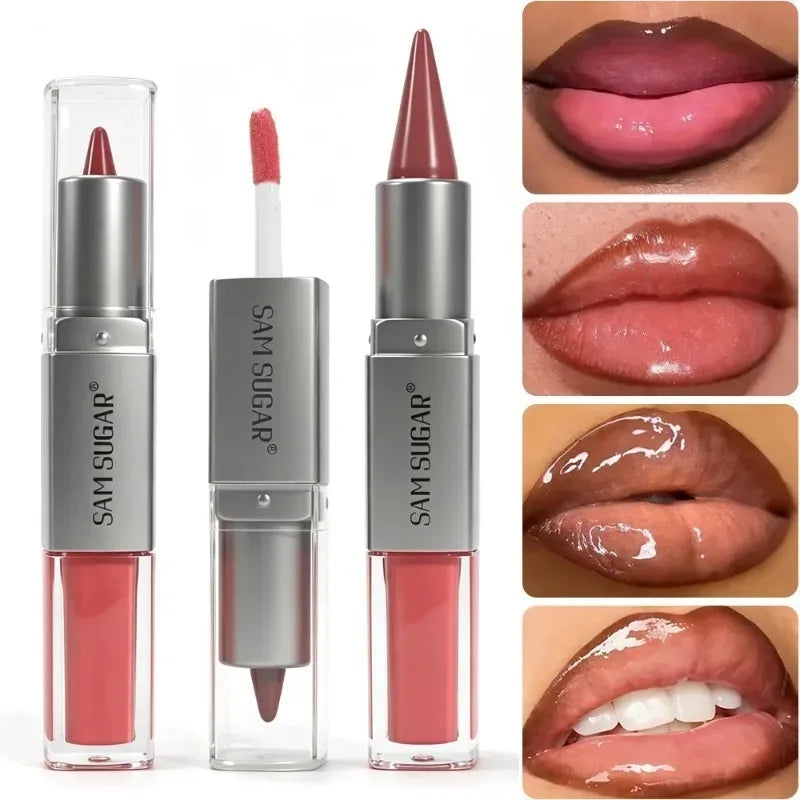 Matita Labbra 2-in-1 Sfumata Marrone Nude con Lucidalabbra Effetto Specchio e Contorno Labbra Opaco Impermeabile per Trucco