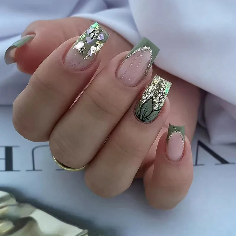 24 pezzi Stampa sulle unghie Design floreale Balletto di media lunghezza Unghie finte Moda Marrone Copertura completa Suggerimenti per manicure Set di unghie finte danneggiabili