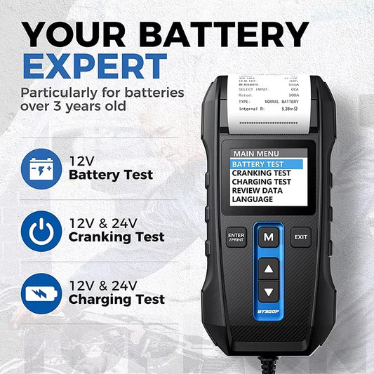 TOPDON BT300P Tester per Batterie Auto 12V 24V, Tester di Carico Automobilistico 100-2000 CCA con Stampante Integrata, Strumento Diagnostico per Sistema di Avviamento e Ricarica, Analizzatore per Batterie AGM, Gel, EFB e a Pi