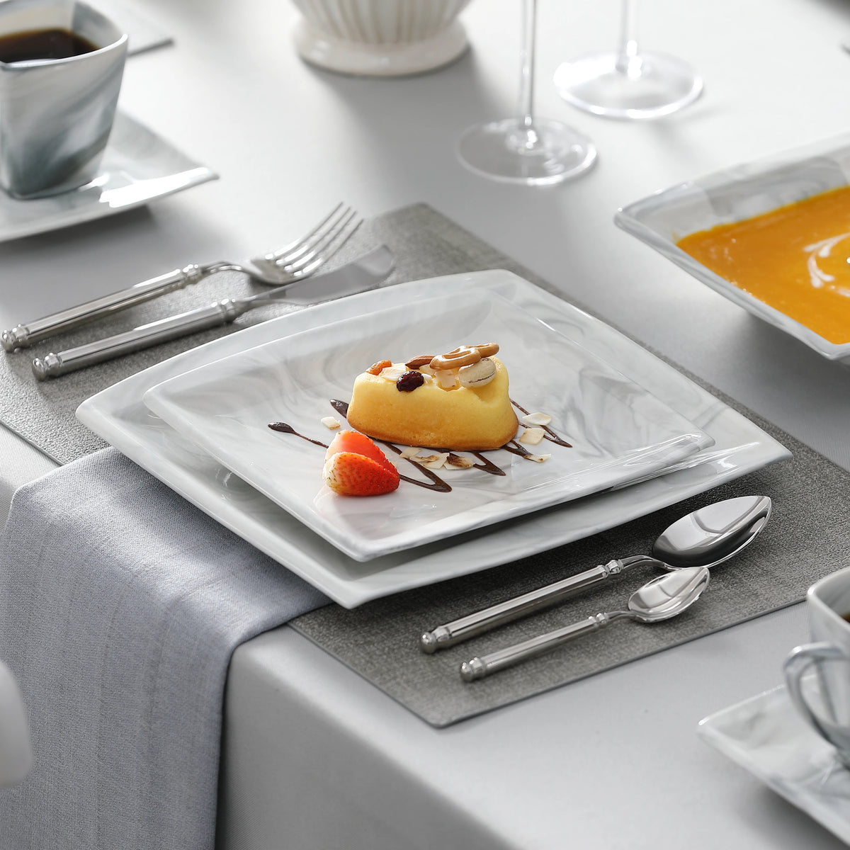 MALACASA 30/60 pz marmo grigio porcellana stoviglie Set di stoviglie con 6 pezzi Dessert/zuppa/piatto cena/tazza/piattino, servizio per 12
