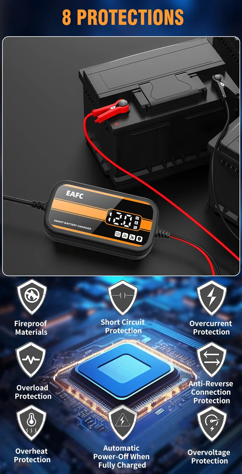 Il più nuovo caricabatteria per auto 12V 2Ah-20Ah caricabatterie per riparazione batteria al piombo con display digitale intelligente per auto SUV moto