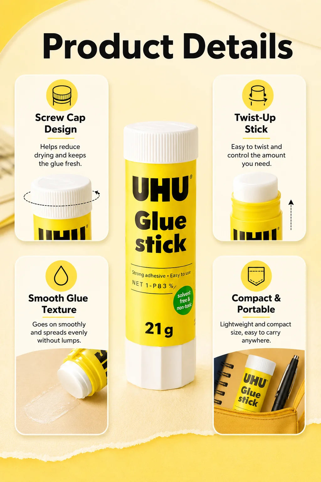 Colla stick UHU 8.2g 21g, colla solida forte, senza disordine, per scuola, ufficio, artigianato, carta.