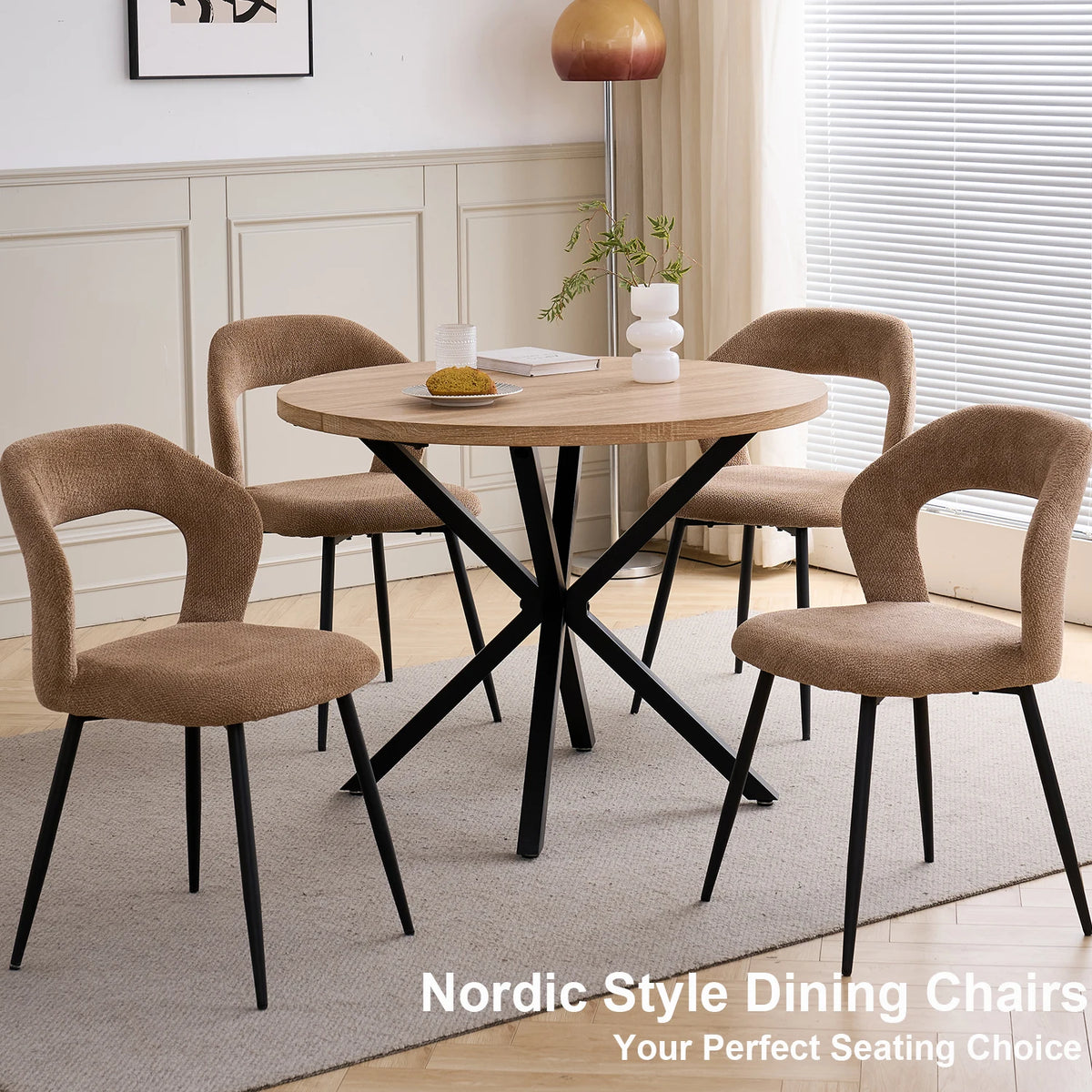 EGOONM Set di 4 Sedie da Pranzo Moderne con Schienale Cavo, Sedie Laterali Imbottite in Tessuto, Gambe in Metallo Nero, Sedie d'Accento per Cucina e Caffè