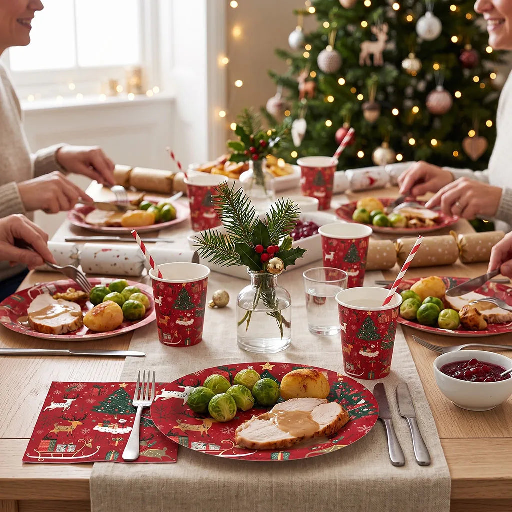 Set di stoviglie per feste a tema natalizio, con decorazioni a tema renna e albero, piatti, bicchieri e tovaglioli di carta usa e getta, articoli per le feste di Capodanno.