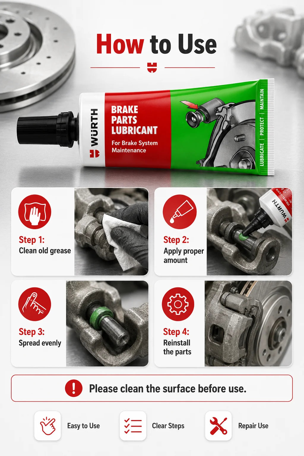 Lubrificante per Freni Wurth 10g, Grasso Resistente al Calore per Pinze Freno, Perni Guida, Pistoni, Uso Automobilistico