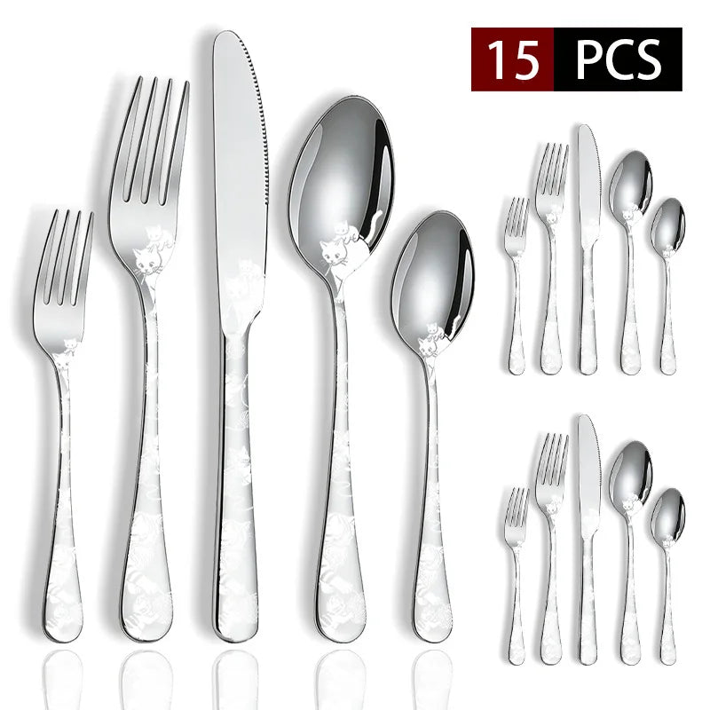 Set di posate in acciaio inossidabile con incisione laser Rose Cat, 4/15/25/40 pezzi, coltello, forchetta, cucchiaio, per coppie, stoviglie per feste