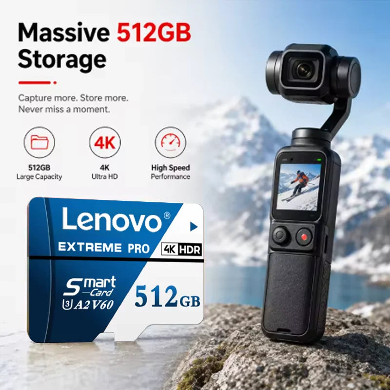 Scheda di memoria Micro SD TF Lenovo da 512 GB o 1 TB, classe A2, ad alta capacità, per registrazioni 4K, compatibile con DJI Mavic Mini, GoPro e Insta360.
