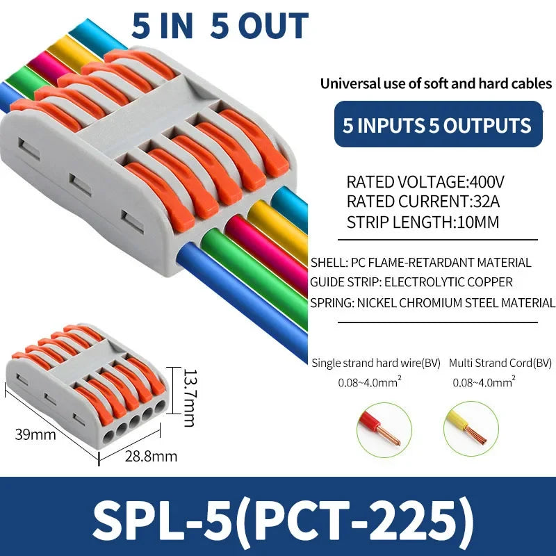 Mini connettori per cavi a cablaggio rapido 1/2/3/4/5 vie SPL Splitter compatto universale Conduttori elettrici Morsettiera domestica push-in