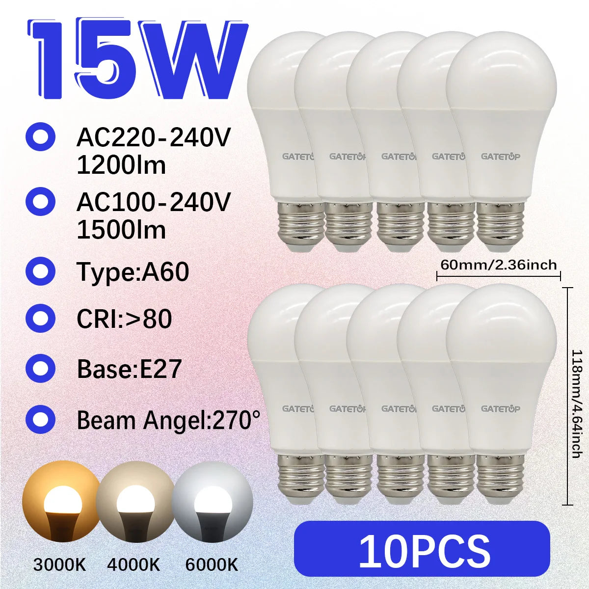 Confezione da 1-10 Lampadine LED 15W 120V 220V 3000K 4000K 6000K Luce Diurna CRI80 Senza Sfarfallio per Illuminazione Domestica Camera da Letto