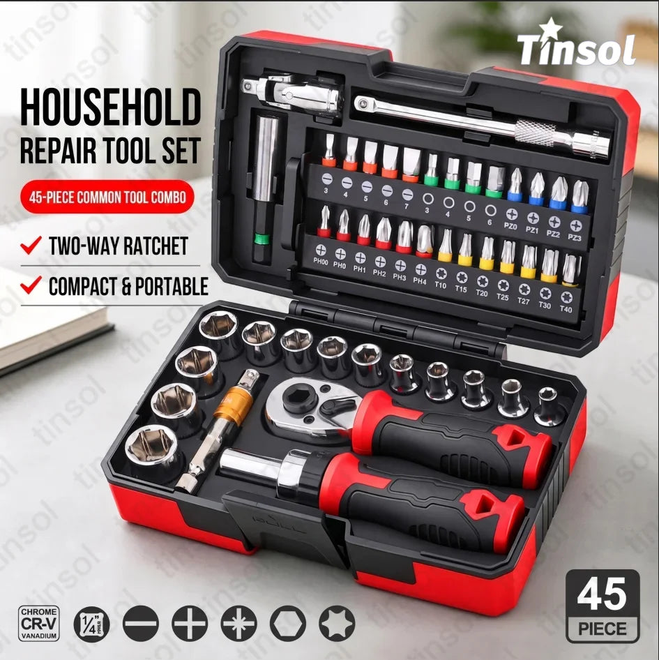 TINSOL Set di 45 Pezzi di Chiavi a Bussola con Cricchetto da 1/4 di Pollice, 72 Denti, CR-V, Punte Magnetiche, Kit di Riparazione per Auto e Casa con Valigetta