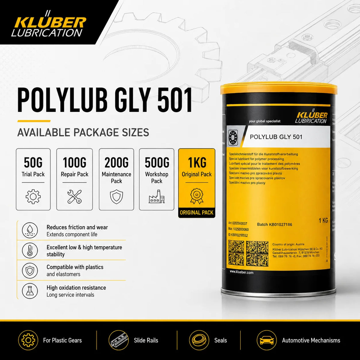 Grasso Sintetico Originale Kluber POLYLUB GLY 801 NLGI 1 per Ingranaggi in Plastica, Tettuccio Apribile Auto e Guide Sedili