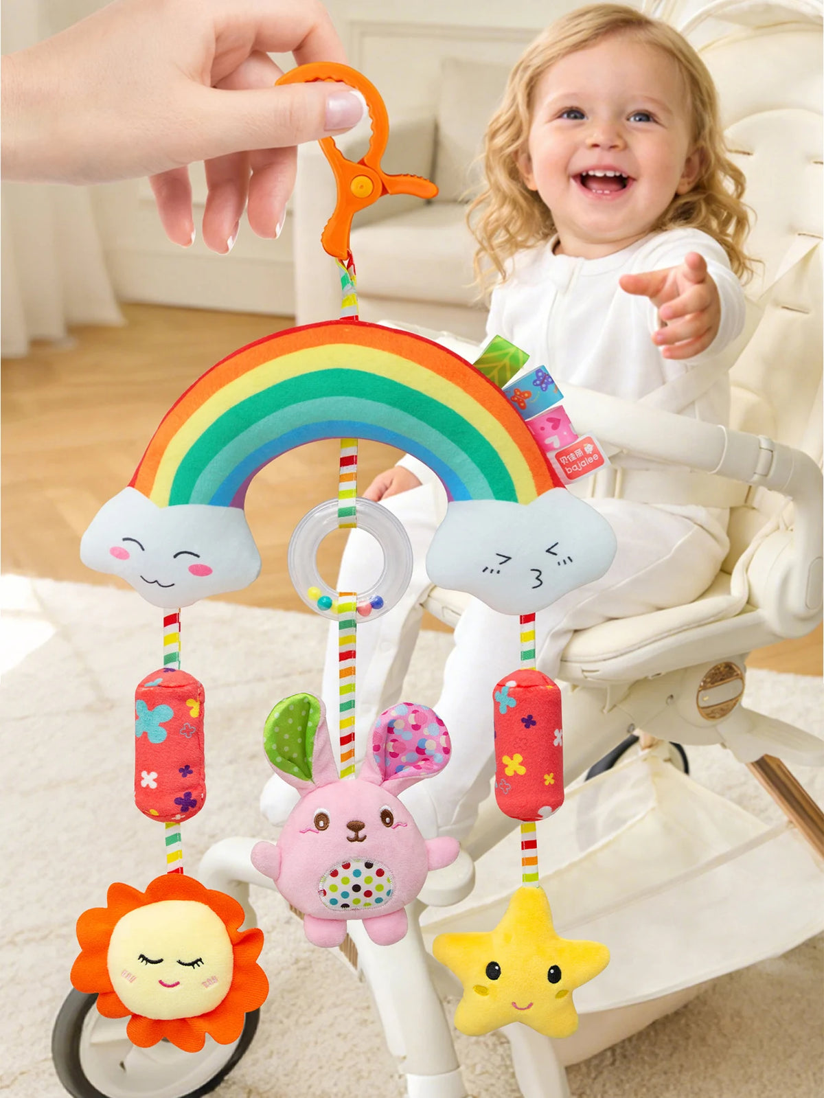 Giocattolo di Peluche per Neonati con Sonaglio e Sottoposto a Pressione per lo Sviluppo Multi-Sensoriale del Bambino 0-12 Mesi, Regalo Perfetto per Neonati per Culla e Seggiolino Auto